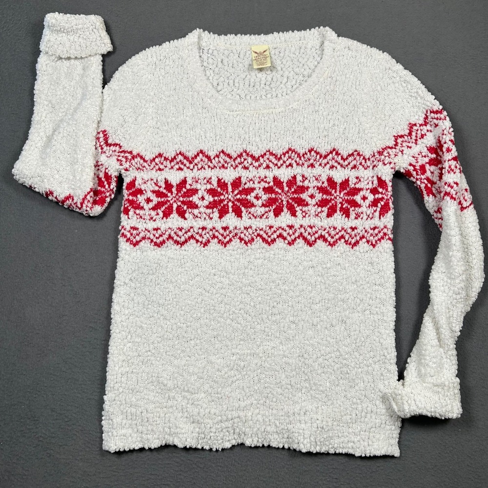 Faded Glory Sweater Womens M White Red Snowflake Fair Isle Popcorn Knit Cozy